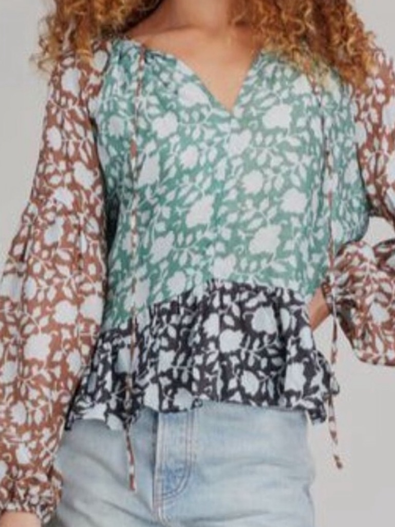 Hannah Artwear Mirabella Floral Print Silk Tie Neck Peasant Blouse 2 Us M